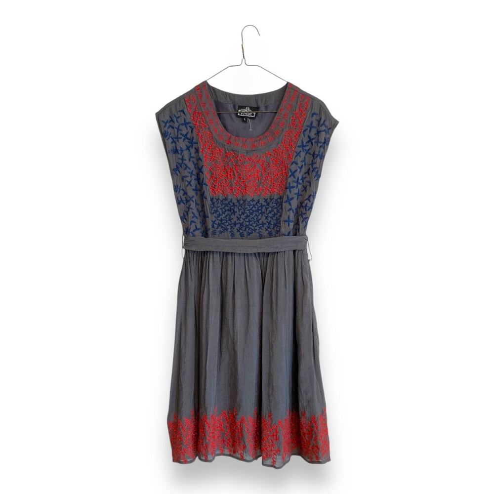 Vintage Angie Gray Red Blue Embroidered Silk Midi Sleeveless Dress Size Medium